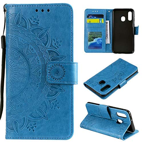 CoverKingz Handy Cover kompatibel mit Samsung Galaxy A20e - Handyschutz mit Kartenfach Klapphülle - Bookcase Hülle aufklappbar Motiv Mandala Blau von CoverKingz