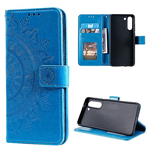CoverKingz Handy Cover kompatibel mit Samsung Galaxy S21 FE - Handyschutz mit Kartenfach Klapphülle - Bookcase Hülle aufklappbar Motiv Mandala Blau von CoverKingz