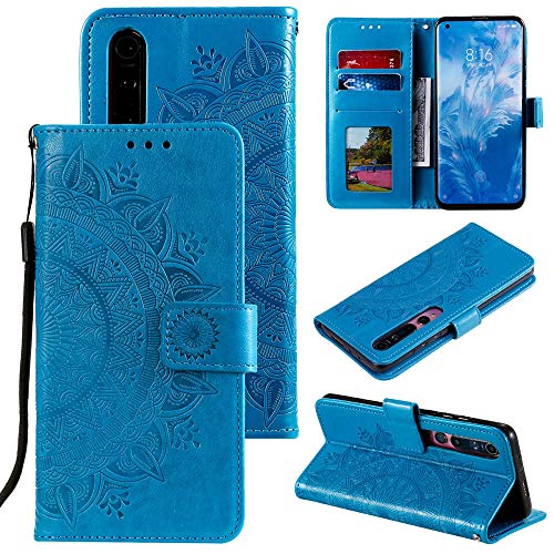 CoverKingz Handy Cover kompatibel mit Xiaomi Mi 10 / Mi 10 Pro - Handyschutz mit Kartenfach Klapphülle - Bookcase Hülle aufklappbar Motiv Mandala Blau von CoverKingz