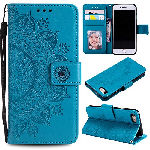 CoverKingz Handy Cover kompatibel mit iPhone 7/8/SE [2020/2022] - Handyschutz mit Kartenfach Klapphülle – Bookcase Hülle aufklappbar Motiv Mandala Blau von CoverKingz