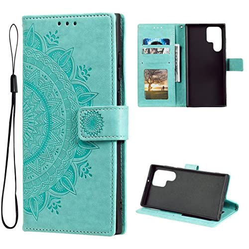 CoverKingz Handy Hülle kompatibel mit Samsung Galaxy S22 Ultra - Klapphülle mit Kartenfach Book Cover - Handy Tasche klappbar Motiv Mandala Grün von CoverKingz