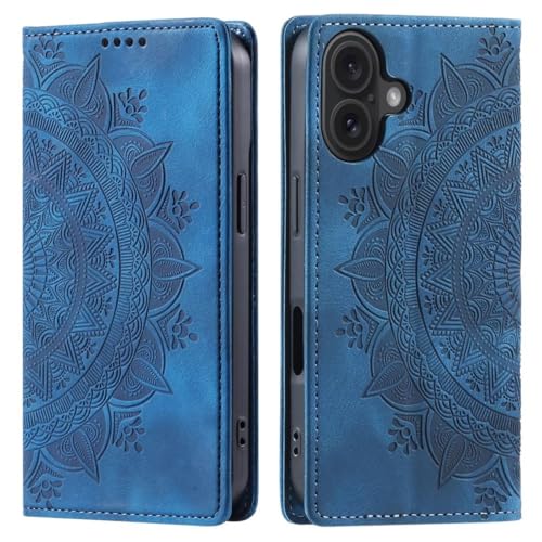 CoverKingz Handyhülle für iPhone 16 Plus - Handytasche mit Kartenfach Klapphülle Cover - Handy Hülle klappbar Motiv Mandala Blau von CoverKingz