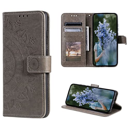 CoverKingz Handytasche kompatibel mit iPhone 14 - Handy Case mit Kartenfach Handyhülle - Flipcase klappbar Motiv Mandala Grau von CoverKingz