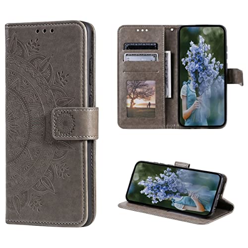 CoverKingz Handytasche kompatibel mit iPhone 14 Pro - Handy Case mit Kartenfach Handyhülle - Flipcase klappbar Motiv Mandala Grau von CoverKingz