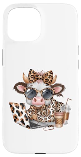 Work from Home Kuh Kaffee Tier Druck Leopard Laptop Damen Hülle für iPhone 15 Work from Home Kuh Kaffee Tier Druck Leopard Laptop Damen Hülle für iPhone 15 von Cow Tees NYC