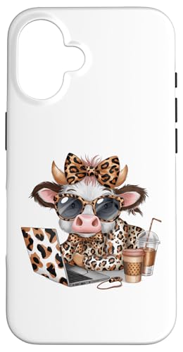 Work from Home Kuh Kaffee Tier Druck Leopard Laptop Damen Hülle für iPhone 16 Work from Home Kuh Kaffee Tier Druck Leopard Laptop Damen Hülle für iPhone 16 von Cow Tees NYC