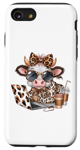 Work from Home Kuh Kaffee Tier Druck Leopard Laptop Damen Hülle für iPhone SE (2020) / 7 / 8 von Cow Tees NYC