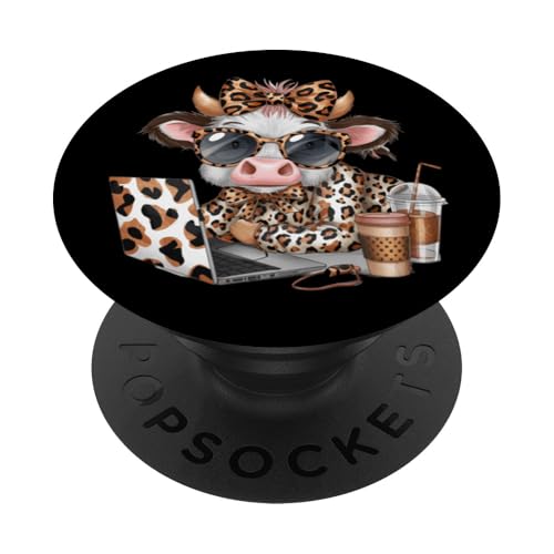 Work from Home Kuh Kaffee Tier Druck Leopard Laptop Damen PopSockets Klebender PopGrip Work from Home Kuh Kaffee Tier Druck Leopard Laptop Damen PopSockets Klebender PopGrip von Cow Tees NYC