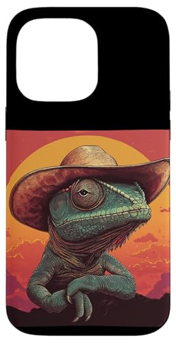 Fertig zum Lasso mit diesem Cowboy-Echsen- und Sonnenuntergang-Outfit Hülle für iPhone 14 Pro Max von Cowboy Chameleon