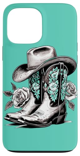 Vintage Cowboystiefel und Rosen Schwarz und Weiß Türkis Hülle für iPhone 13 Pro Max von Cowgirl Tees Texas