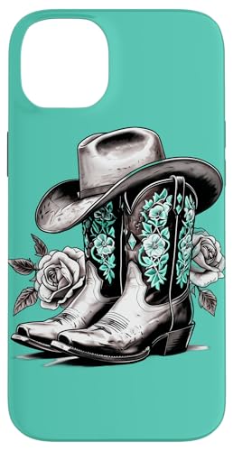 Vintage Cowboystiefel und Rosen Schwarz und Weiß Türkis Hülle für iPhone 14 Plus von Cowgirl Tees Texas