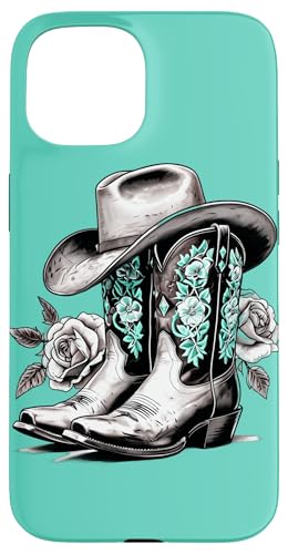 Vintage Cowboystiefel und Rosen Schwarz und Weiß Türkis Hülle für iPhone 15 von Cowgirl Tees Texas