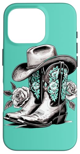 Vintage Cowboystiefel und Rosen Schwarz und Weiß Türkis Hülle für iPhone 16 Pro von Cowgirl Tees Texas