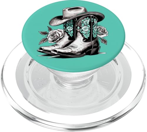 Vintage Cowboystiefel und Rosen Schwarz und Weiß Türkis PopSockets PopGrip für MagSafe Vintage Cowboystiefel und Rosen Schwarz und Weiß Türkis PopSockets PopGrip für MagSafe von Cowgirl Tees Texas