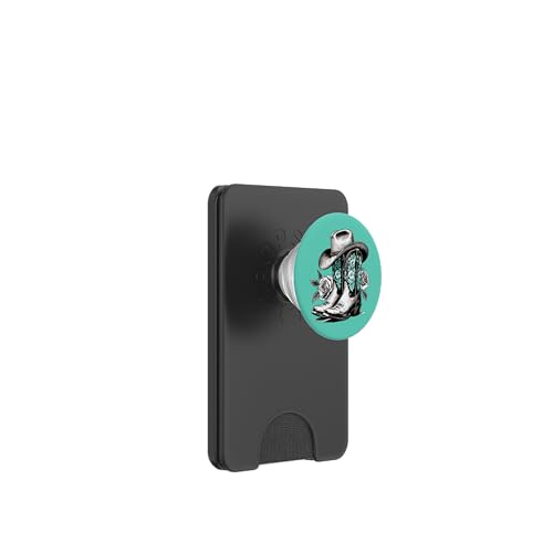 Vintage Cowboystiefel und Rosen Schwarz und Weiß Türkis PopSockets PopWallet für MagSafe Vintage Cowboystiefel und Rosen Schwarz und Weiß Türkis PopSockets PopWallet für MagSafe von Cowgirl Tees Texas