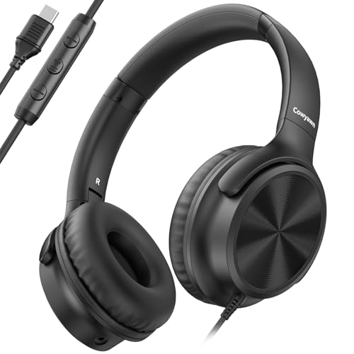 Cowyawn USB-C-Kopfhörer kabelgebunden, Over-Ear-Kopfhörer mit Mikrofon, Lautstärkeregler, HD-Stereo-Sound, faltbare,leichte Kopfhörer für Erwachsene/Teenager/Chromebooks/Laptop/Computer/Reisen,Schwarz von Cowyawn