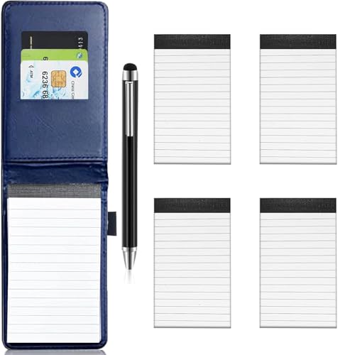 Cptoion 6 Stück Mini Notizblock Set, Notizblock A7 Set Inklusive 1 PU Leder Notizbuch mit 4 Ersatzblöcke, 1 Metall Stifte, Taschennotizblock für Aktivitäten im Freien(Blau) von Cptoion