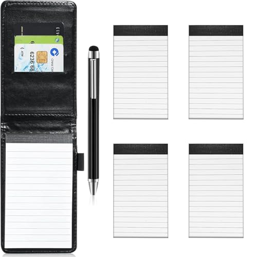 Cptoion 6 Stück Mini Notizblock Set, Notizblock A7 Set Inklusive 1 PU Leder Notizbuch mit 4 Ersatzblöcke, 1 Metall Stifte, Taschennotizblock für Aktivitäten im Freien(Schwarz) von Cptoion