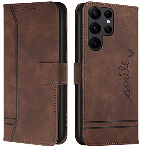 Cqkob Handyhülle für Samsung Galaxy S22 Ultra Lederhülle mit Magnetverschluss - Schutzhülle mit Kartenfach, Geldhalter und verstellbarem Klappständer Handytasche ,Kaffee von Cqkob