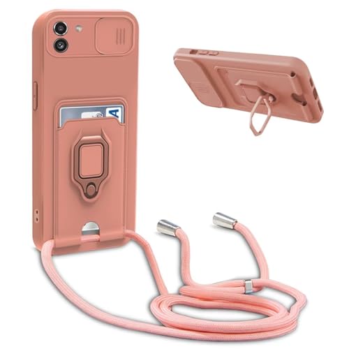 Cqkob Handykette Hülle für Xiaomi Redmi 10A/Redmi 9C/Redmi 9A/Poco C3 mit Schiebe Kameraschutz, 360 Grad Ringhalter Stand [Kartenfach] mit Verstellbarer Halskette Handyhülle-Rosa von Cqkob