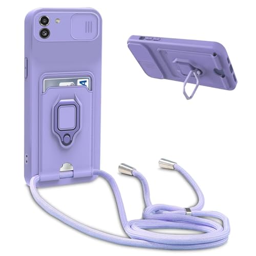 Cqkob Handykette Hülle für iPhone 13 mit Schiebe Kameraschutz, 360 Grad Ringhalter Stand [Kartenfach] mit Verstellbarer Halskette Handyhülle Silikon Schutzhülle -Lila von Cqkob