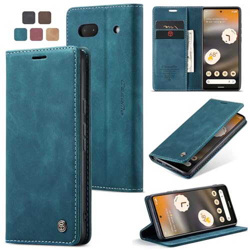 Cracedily Handyhülle für Google Pixel 6A Hülle, Klapphülle Premium Lederhülle Klappbar Flip Case Tasche Magnet Kartenfach Standfunktion Klapphülle Schutzhülle für Google 6A Handyhülle, Blaugrün von Cracedily