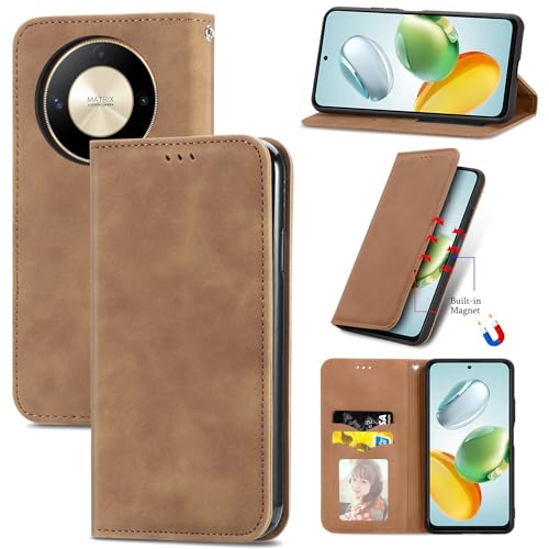 Cracedily Handyhülle für Honor Magic 6 Lite Hülle, Klapphülle Premium Lederhülle Klappbar Flip Case Tasche Magnet Kartenfach Standfunktion Klapphülle Schutzhülle für Honor Magic6 Lite, Kaffee von Cracedily