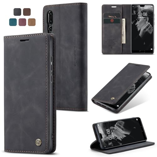 Cracedily Handyhülle für Huawei P20 Pro Hülle, Klapphülle Premium Lederhülle Klappbar Flip Case Tasche Magnet Kartenfach Standfunktion Klapphülle Schutzhülle für P20 Pro 6.1 Zoll, Schwarz von Cracedily