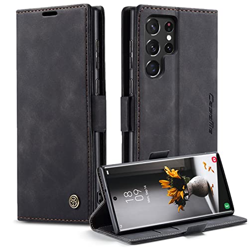 Cracedily Handyhülle für Samsung Galaxy S22 Ultra Hülle, Klapphülle Premium Lederhülle Klappbar Flip Case Tasche Magnet Kartenfach Standfunktion Klapphülle Schutzhülle für S22 Ultra 5G, Schwarz von Cracedily