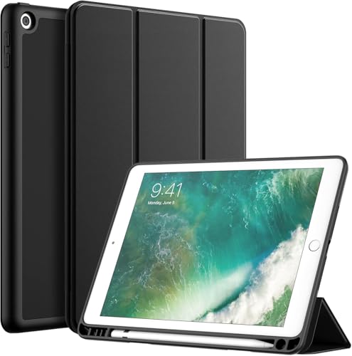 Hülle für iPad 9.7" 5./6. Generation (2017/2018) mit Stifthalter, iPad Air 2, iPad Air 1, Standfunktion Flip Case Dünn Soft TPU Leicht Smart Cover Schutz Rückhülle - Schwarz von Cracksin