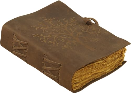 Craft&Style Tagebuch Skizzenbuch Notizbuch Gästebuch Sprüchebuch im Ledereinband und pergamentartigem Papier Motiv Baum des Lebens Dunkelbraun von Craft&Style