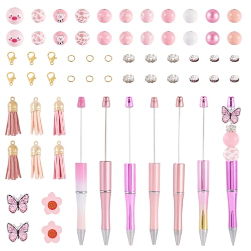 Craftdady 12 Sets rosa Kunststoff-Stifte zum Selbermachen von Perlenstiften mit Holzperlen, Abstandshalter für Sommer, Frauen, Studenten, Geschenke, Schule, Bürobedarf von Craftdady