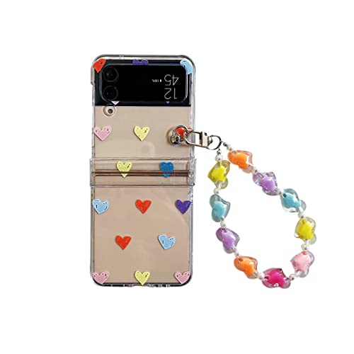 CrazyLemon Galaxy Z Flip 4 Hülle mit Kett, Klar Handyhülle mit Handykette Scharnierschutz Harte PC Schutzhülle für Samsung Galaxy Z Flip 4 5G 2022 für Frauen und Mädchen - Bunte Herzen von CrazyLemon