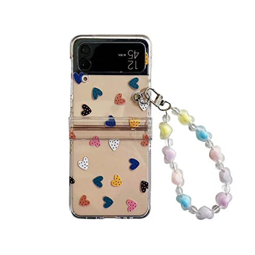 CrazyLemon Galaxy Z Flip 4 Hülle mit Kett, Klar Handyhülle mit Handykette Scharnierschutz Harte PC Schutzhülle für Samsung Galaxy Z Flip 4 5G 2022 für Frauen und Mädchen - Punkte Herz von CrazyLemon