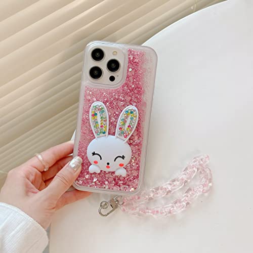 CrazyLemon Glitzer Hülle für iPhone 14 Plus mit Hasen Ohren Ständer Funkelnd Schwebend Flüssigkeit Wasserfall Treibsand Süß 3D Kaninchen Halter Kristall Silikon Stoßstange Schutzhülle - Rosa von CrazyLemon