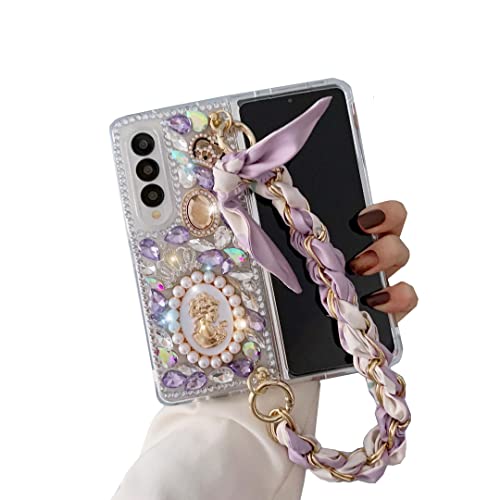 CrazyLemon Hülle für Samsung Galaxy Z Fold 3 5G, Funkelnd Kristall Glänzend 3D Strass Diamant Königin Design Steine Schutzhülle mit Kette Armband Handyhülle für Frauen Mädchen - Violett von CrazyLemon