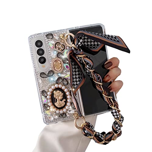 CrazyLemon Hülle für Samsung Galaxy Z Fold 5 5G, Funkelnd Kristall Glänzend 3D Strass Diamant Königin Design Steine Schutzhülle mit Kette Armband Handyhülle für Frauen Mädchen - Schwarz von CrazyLemon