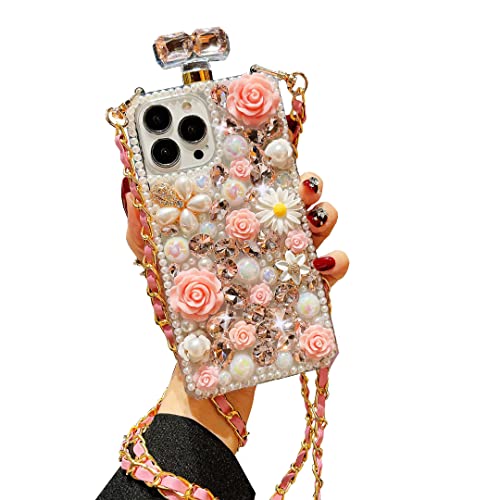 CrazyLemon Schutzhülle für iPhone 11, Transparent Luxus Parfümflasche Glitzer Kristall Strass Blumen mit Umhängeriemen Hülle für Frauen und Mädchen - Rosa von CrazyLemon