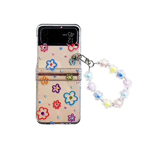 CrazyLemon für Samsung Galaxy Z Flip 3 5G Hülle, Durchsichtig Harter PC Scharnierschutz Case mit Armband Schlüsselanhänger Kreatives Muster Schutzhülle Handyhülle - Bunte Blume von CrazyLemon