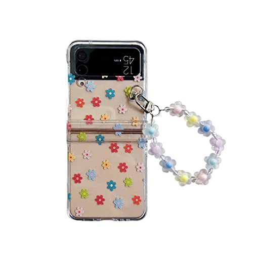 CrazyLemon für Samsung Galaxy Z Flip 3 5G Hülle, Durchsichtig Harter PC Scharnierschutz Case mit Armband Schlüsselanhänger Kreatives Muster Schutzhülle Handyhülle - Klein Blumen von CrazyLemon