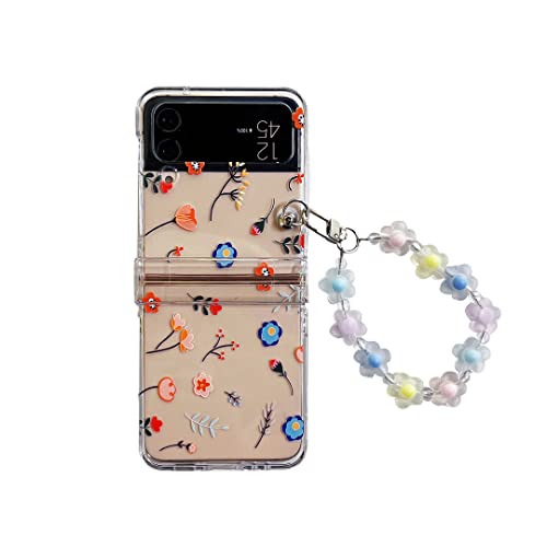 CrazyLemon für Samsung Galaxy Z Flip 3 5G Hülle, Durchsichtig Harter PC Scharnierschutz Case mit Armband Schlüsselanhänger Kreatives Muster Schutzhülle Handyhülle - Rosa Blau Blumen von CrazyLemon