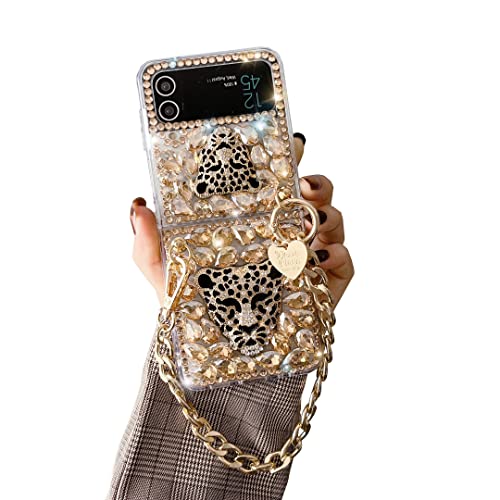CrazyLemon für Samsung Galaxy Z Flip 3 5G Hülle, Silikon Glitzer Luxus Modisch Cool Schwarz Golden Panther Funkeln Glänzendes Strass-Design mit Kette/Riemen Schutzhülle für Frauen von CrazyLemon