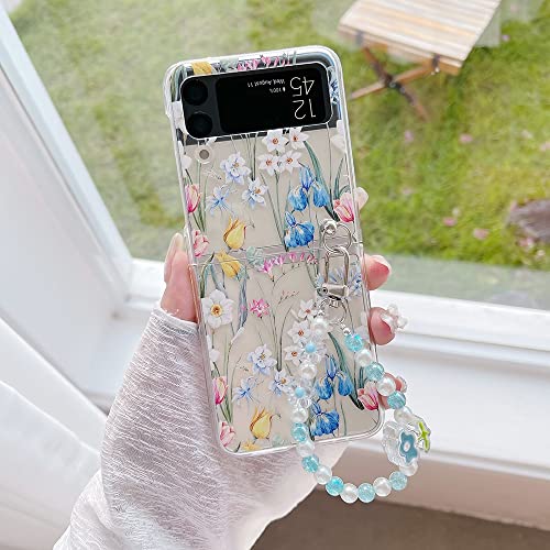 CrazyLemon für Samsung Galaxy Z Flip 4 5G 2022 Hülle, Durchsichtig Harter PC Hülle mit Kette Schlüsselanhänger Kreatives Muster Schutzhülle Handyhülle - Blaue Gelbe Blume von CrazyLemon