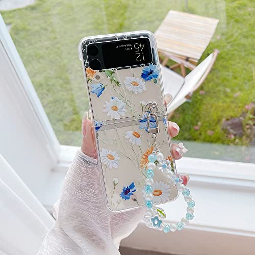 CrazyLemon für Samsung Galaxy Z Flip 4 5G 2022 Hülle, Durchsichtig Harter PC Hülle mit Kette Schlüsselanhänger Kreatives Muster Schutzhülle Handyhülle - Blaue und Weiße Blumen von CrazyLemon