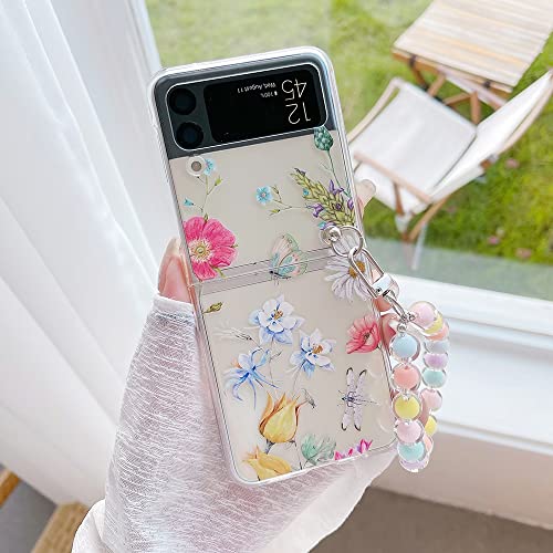 CrazyLemon für Samsung Galaxy Z Flip 4 5G 2022 Hülle, Durchsichtig Harter PC Hülle mit Kette Schlüsselanhänger Kreatives Muster Schutzhülle Handyhülle - Blumen & Schmetterling von CrazyLemon