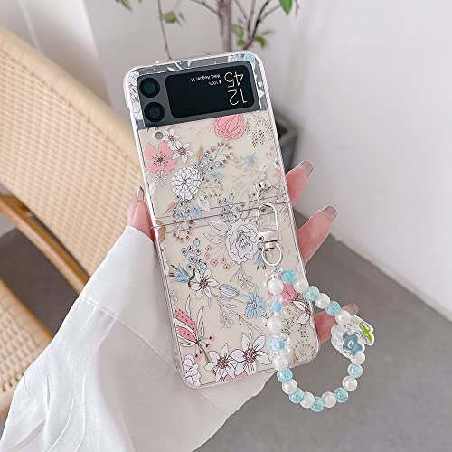 CrazyLemon für Samsung Galaxy Z Flip 4 5G 2022 Hülle, Durchsichtig Harter PC Hülle mit Kette Schlüsselanhänger Kreatives Muster Schutzhülle Handyhülle - Blumen von CrazyLemon