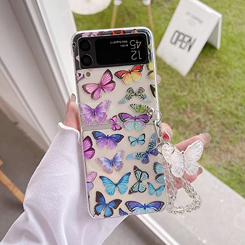 CrazyLemon für Samsung Galaxy Z Flip 4 5G 2022 Hülle, Durchsichtig Harter PC Hülle mit Kette Schlüsselanhänger Kreatives Muster Schutzhülle Handyhülle - Bunter Schmetterling von CrazyLemon