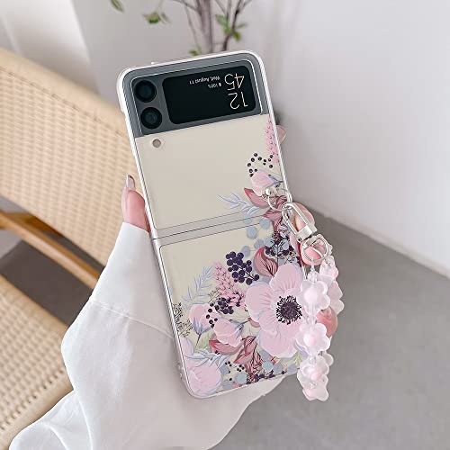 CrazyLemon für Samsung Galaxy Z Flip 4 5G 2022 Hülle, Durchsichtig Harter PC Hülle mit Kette Schlüsselanhänger Kreatives Muster Schutzhülle Handyhülle - Große Blume von CrazyLemon