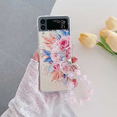 CrazyLemon für Samsung Galaxy Z Flip 4 5G 2022 Hülle, Durchsichtig Harter PC Hülle mit Kette Schlüsselanhänger Kreatives Muster Schutzhülle Handyhülle - Halbe Rose von CrazyLemon