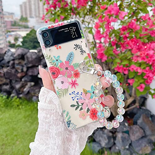 CrazyLemon für Samsung Galaxy Z Flip 4 5G 2022 Hülle, Durchsichtig Harter PC Hülle mit Kette Schlüsselanhänger Kreatives Muster Schutzhülle Handyhülle - Pinke Blume von CrazyLemon